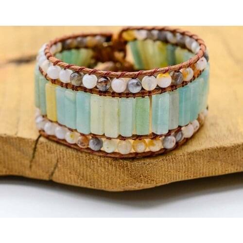 Amazon Stone Bracelet Strip Shape Handmade Diverse Natural Stone Tube Beads Leather Wrap Bracelet
