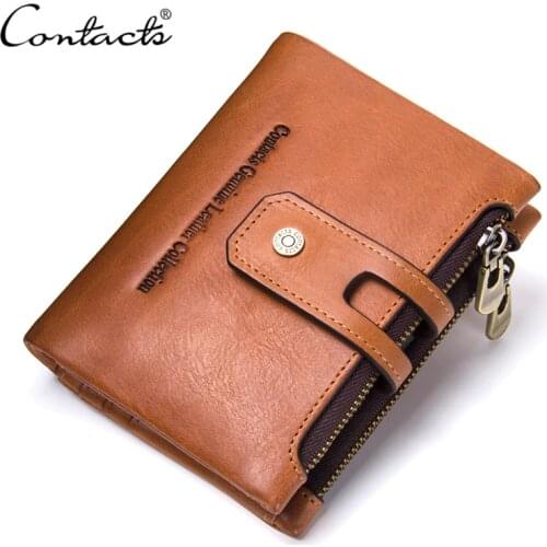 CONTACTS Wallet Crazy Horse Genuine Leather Double Zipper Hasp Wallets Short Coin Purse With Card Holders Male portomonee Walet