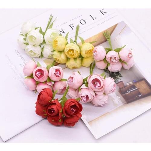 12/24pcs Mini Tea Rose Flower Artificial Silk Flower DIY Wreath Scrapbook Accessories Wedding Decoration Home Fake Flowers