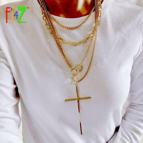 F.J4Z Hot Chunky Necklaces Multi-layers Thick Chain Necklaces for Women Big Corss Lock Minimalist Pendant Jewelry dropship