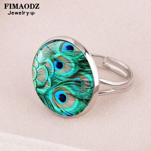 FIMAODZ Peacock Feather Ring Vintage Glass Dome Handmade Adjustable Rings Lady Girl Decoration Jewelry