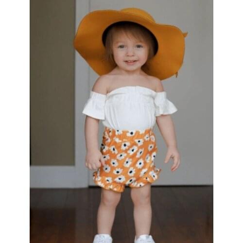 2021 Baby Off Shoulder T-shirt + Shorts, Floral Print High Waist Version Sweet Style Summer Clothing