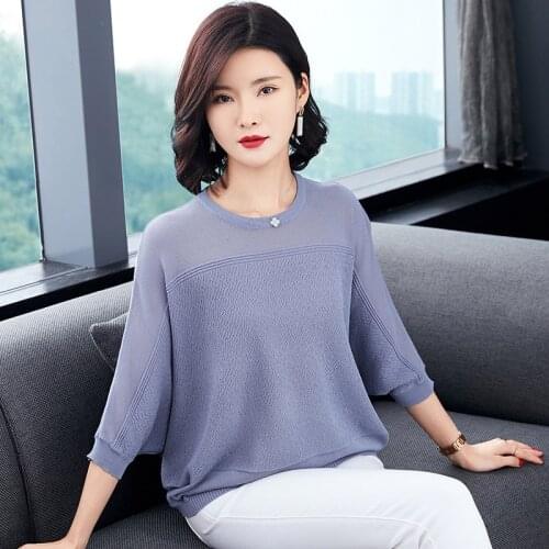 Korean Solid Color T-shirt Womens Spring Summer Loose Three-quarter Batwing Sleeve Top Clothes Ice Silk Knitted T-shirts H9340