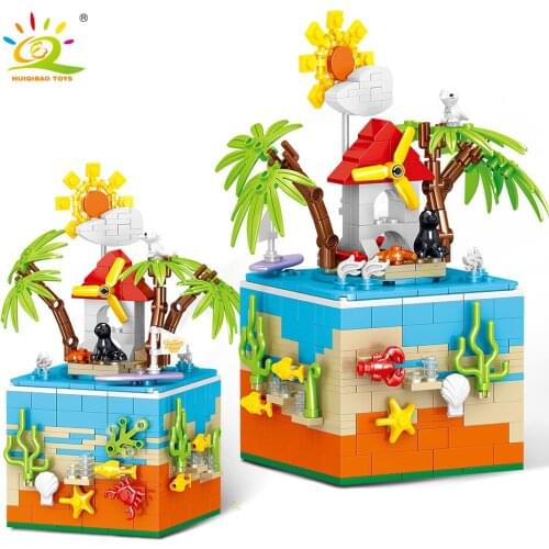 HUIQIBAO 425pcs Idea Sunny Beach Model Rotating Music Box Building Blocks Cteator City Bricks Set Children Toys Home Decoration