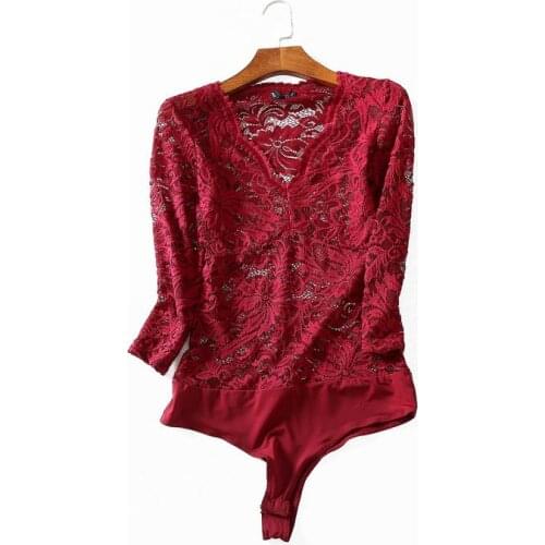 Women Ladies Clubwear V Neck Playsuit Bodycon Bodysuit Long Lace Sleeve Transparent Lace Bodysuit Spring Summer Overalls Rompers