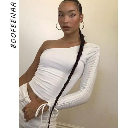 BOOFEENAA Drawstring One Shoulder Long Sleeve Crop Tops Streetwear 2020 Fall Fashion Woman Tshirts Sexy Womens Clothing C70-AE11