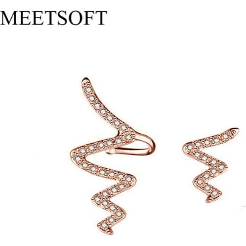 MEETSOFT 925 Sterling Silver Prevent Allergy Snake Lighting Crystal Asymmetry Stud Earrings for Women Jewelry Gift