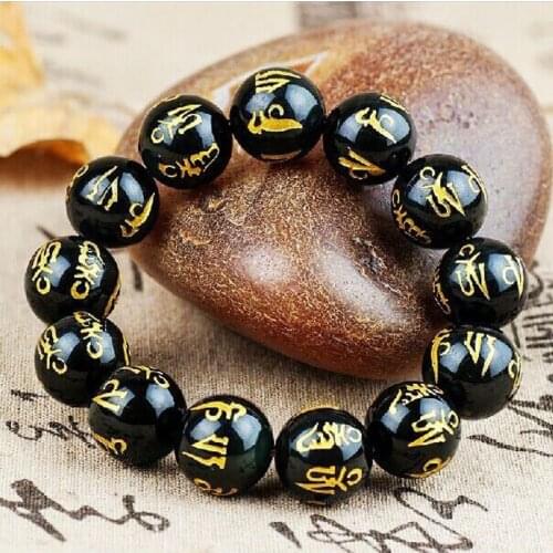 Fashion Natural Obsidian Six Words of The True Buddha and Men Bracelet Fine Jewelry