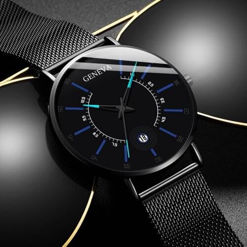 2020 Geneva Mens Watches Balck Ultra Thin Stainless Steel Mesh Band Calendar Quartz Wristwatches Relogio Masculino reloj mujer