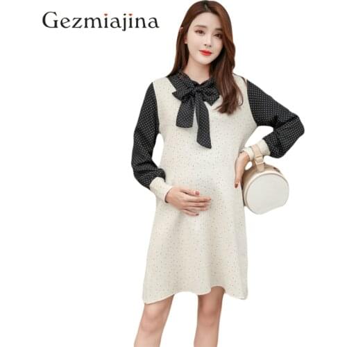 Pregnant Clothing Autumn Winter Long Sleeve Sweater Fashion Point Printing Fake Two Pieces Dress Pregnancy Knitted Dress Bow