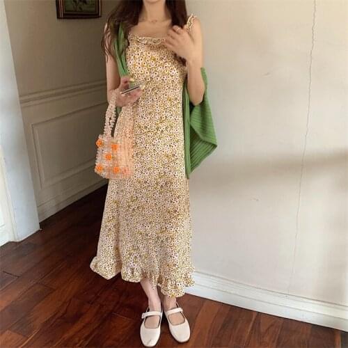 Female Korean Kawaii Cute Floral Strap Dress Womens Dresses Japanese Harajuku Ulzzang Ladies Vintage Clothing For Women