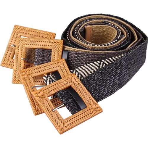 Bohemian vacation wind wax rope square buckle braided wide waistband ladies stripe decorative leisure belt women clothes belts