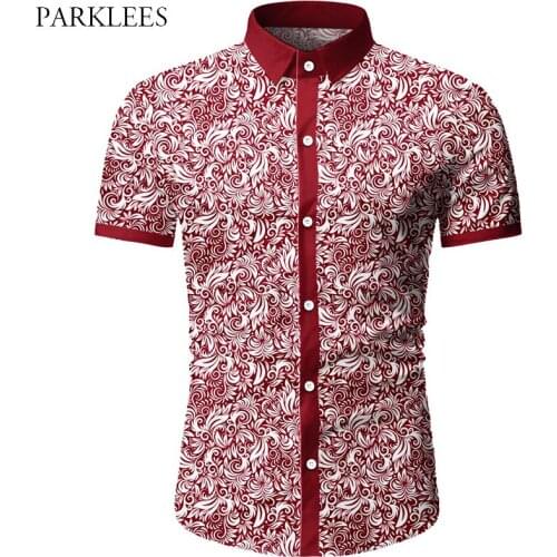 Red Paisley Floral Printed Mens Dress Shirt Elegant Palace Flower Print Short Sleeve Shirts for Men Casual Social Chemise Homme