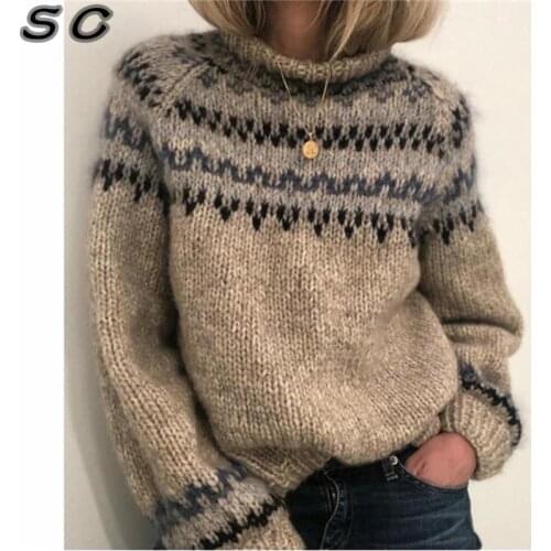 Womens Thick Sweater For Autumn And Winter Long-sleeved Round Neck Striped Knit Pullover Female Loose Casual Street Wear