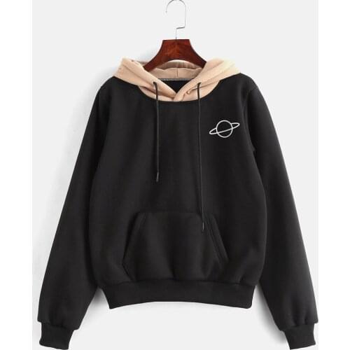 Women Casual Long Sleeve Hoodies Top Fashoin Patchwork Printed Pocket Sweatshirt Clothing Daily O-neck Draw String Warm Hoody