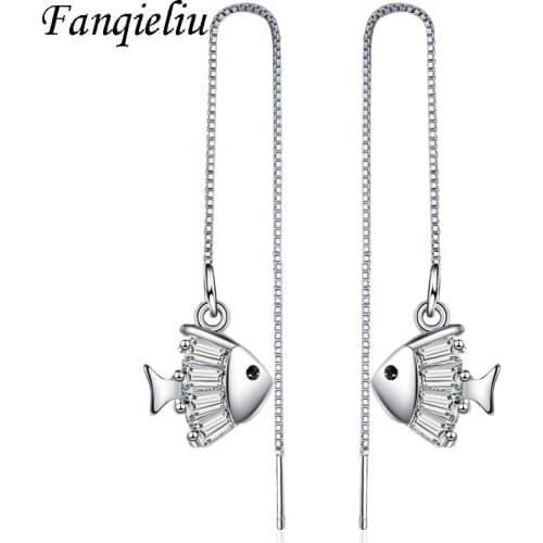 Fanqieliu Vintage Solid 925 Sterling Silver Earrings For Women With Long Chains Cute Fish Dangle & Drop Earrings FQL20498