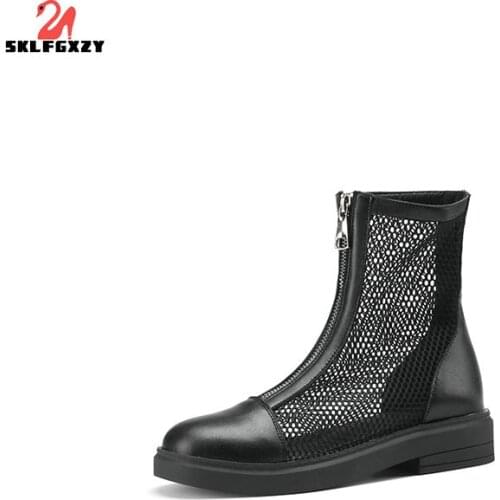 SKLFGXZY Summer European Genuine Leather Womens Network Boots Ankle Grid Sexy Cattle Leather Boots Non-slip Soles Shoes