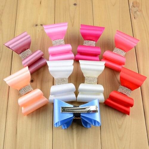 50pcs women girls hairpin fashion Hair accessories Solid 3D bowknot with clip Super Hard PVC Satin Bows With Rhinestone Button