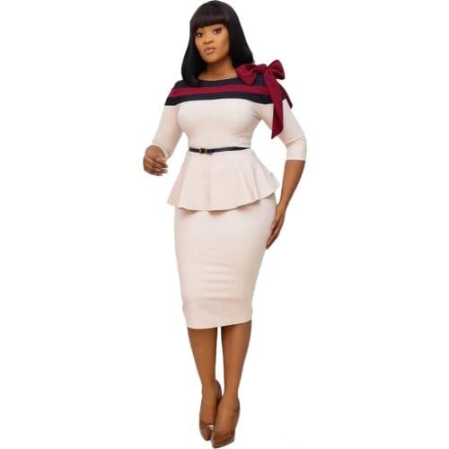 African Plus Size Women Simple Ruffles Work Wear Skinny Dresses Office Ladies Elegant Three Quarter Sleeve Match Bow Midi Dress