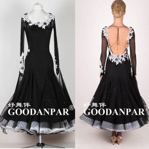 GOODANPAR women sleeveless standard Ballroom Dance Competition Dress with bodysuit bra cups Lycra feather Waltz Tango Dress