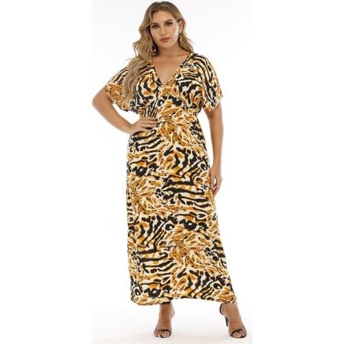 Plus Size 5XL Women Long Dress Leopard Print V-neck Backless Short Sleeve Ankle Length Sexy Vestido Summer High Waist Holiday