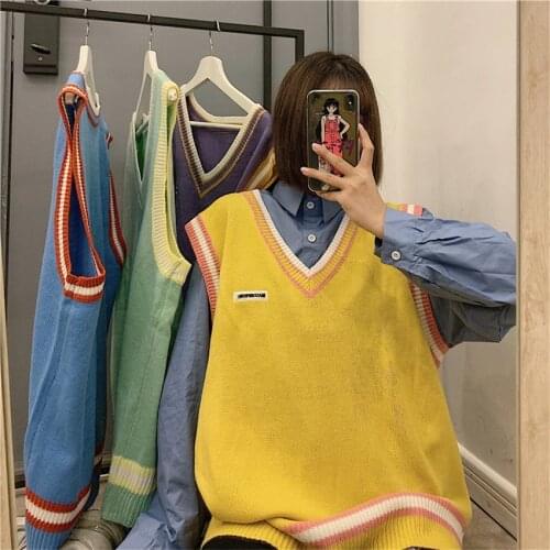 Preppy Style Oversized Sweater Vest Women V-Neck Casual Loose Knitted Waistcoat Sleeveless Autumn Winter Chaleco Mujer