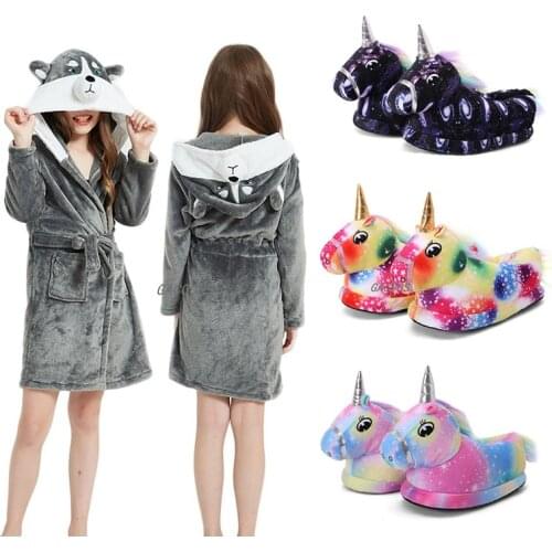 Winter Big Boys Girls Bath Robe Children Unicorn Hooded Flannel Pajamas Cartoon Bathrobes for Boys Girls Towel Pajamas Nightgown