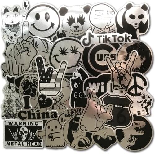 100PCS/Lot Metallic Black and White Stickers Punk Cool Sticker for Skateboard Laptop Luggage Car Styling Guitar Sticker Decals