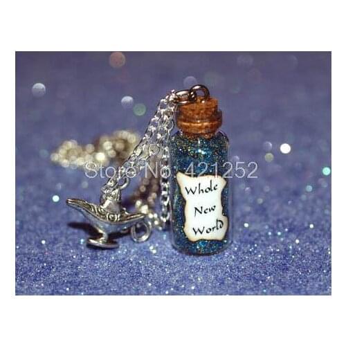 12pcs Whole New World glass Bottle Necklace with a Genie Lamp Charm Aladdin and Jasmine Inspired necklace