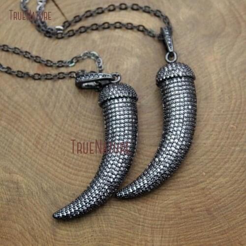 White Zircon Tiny Beads Mosaic Pave Tribal Horn Tusk Pendant Necklace Gunmetal Electroplated Long Chains 18 Inch NM10466