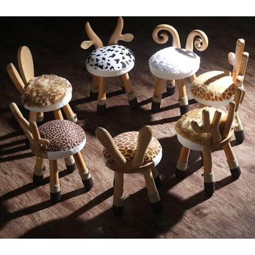Childrens Solid Wood Stool Animal Shaped Backrest Nordic Creative Kindergarten Chair Cartoon Non-Slip Foot Cover Cushion Ins