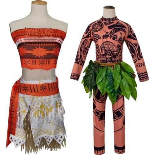 Moana Maui Tattoo Cosplay Costume Children Adult Girl Skirt Top Necklace Wig Pants Kids Swimsuit Vaiana Girls Princess Dress
