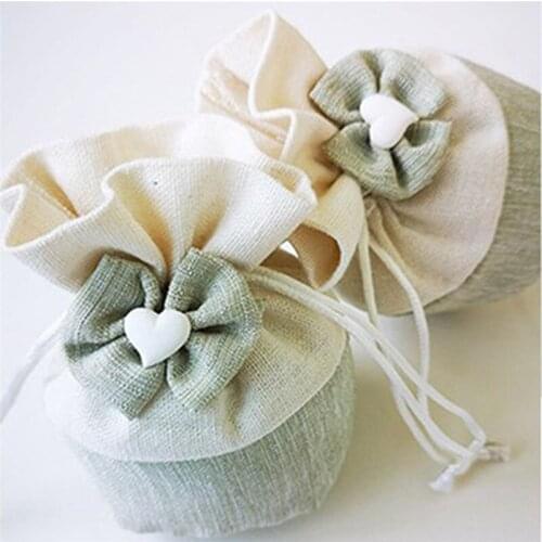Linen Bags Jewelry Packaging Bowknot Heart Pouch Cosmetic Birthday Wedding Gift Bag Wrapping Supply Drawstring Sack