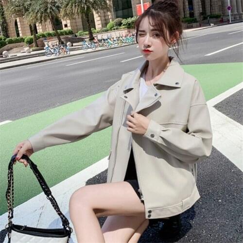 Fashion PU Leather Womens Short Coat 2020 new Spring Autumn Korean loose wild motorcycle bf Leather Jackets b494