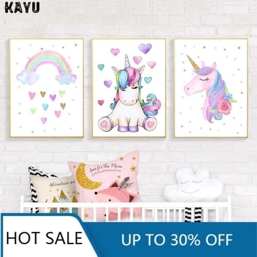 Unicorn Wall Art Nordic Kids Print Nursery Wall Art Canvas Painting Poster Rainbow Cartoon Wall Decor Pictures Baby Girl Room De