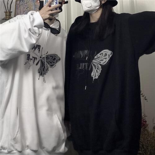 Oversize hoodie women Korean vintgae casual butterfly print long sleeve chic outerwear streetwear y2k Harajuku Gothic sweatshirt