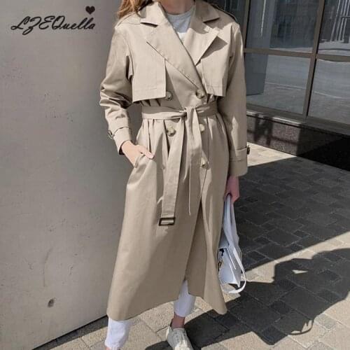 LZEQuella Causal Light Autumn Women Trench Coat Split Joint Elegant Long Sleeve Coats Korean Chic Outwear with Belt Windbreaker