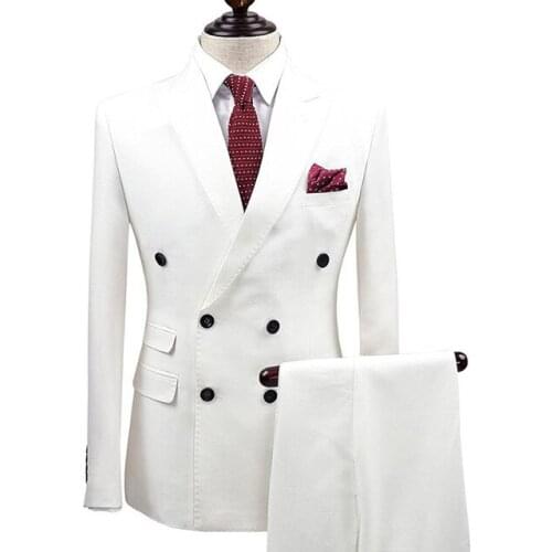 Slim Fit White Men Suits Double Breasted Wedding Groom Tuxedos 2 Pieces (Jacket+Pants) Suits Best Man Prom Business Wear Blazer
