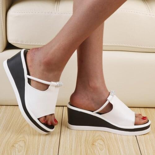Wedges Platform Sandals High Heels Leather Slippers Women Summer Fashion Comfort Slides Black White Heels Sexy Ladies Slippers