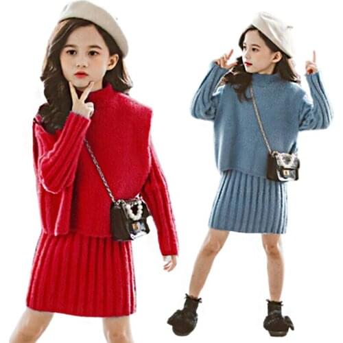 Girls Sweaters Winter Wear New Imitation Mink Sweater Kids Girl knitting Dress 2Pcs Teen clothing set Girl clothes 12yrs
