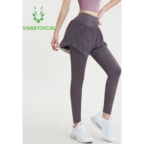 Vansydical Women Sports Running Tights Fake Two Piece Mesh Gym Yoga Pants High Waist Stretchy Fitness Workout Jogging Leggings