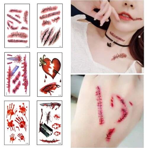 Temporary Tattoo Sticker Halloween Decor Fake Scary Bloody Wound Stitched Scar Waterproof Sticker for Halloween Party Supplies