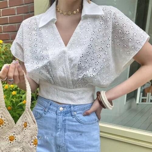 V-neck Hollow Short Sleeve White Blouses Women Summer 2021 Korean Style Ladies Tops Sexy See Through Shirt Women Clothing 15195