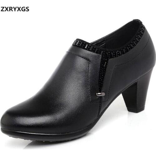2019 New Spring Deep Mouth Rhinestone Genuine Leather Shoes Work OL Women Shoes Inside Short Plush Winter Shoes High Heels 5cm
