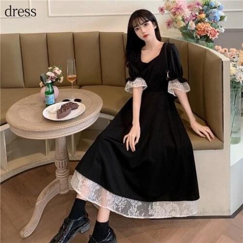 2021 plus size womens summer French retro palace French Hepburn style black dress lace lace long skirt