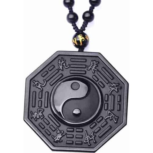 1pcs Vintage Style Black Obsidian Taiji Gossip Pendant Necklace Yin Yang Bead Chain Necklace Jewelry For Woman Men