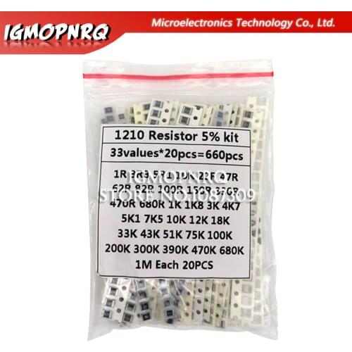 1210 SMD Resistor Kit Assorted Kit 1ohm-1M ohm hjxrhgal 5% 33valuesX 20PCS=660PCS DIY Kit