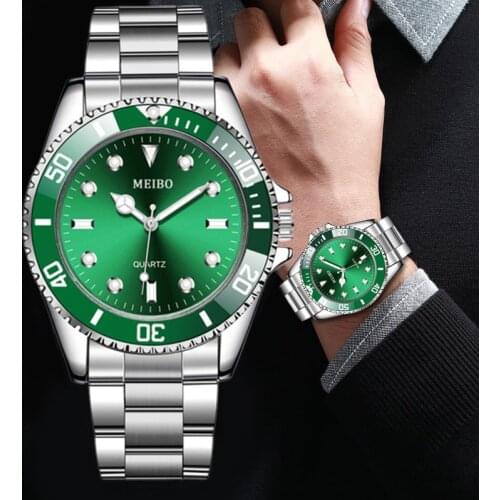 Men Watch New Luxury Business Watch Men Green Dial Watches Stainless Steel Band Fashion Male Clock Wrist Watch relogio masculino