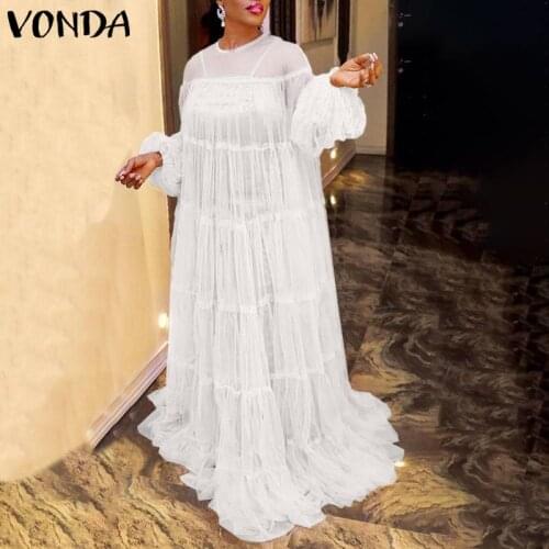 Long Maxi Dress 2021 VONDA Casual O Neck Long Sleeve Solid Dresses Elegant Sundress Femme Bohemian Vestidos S
