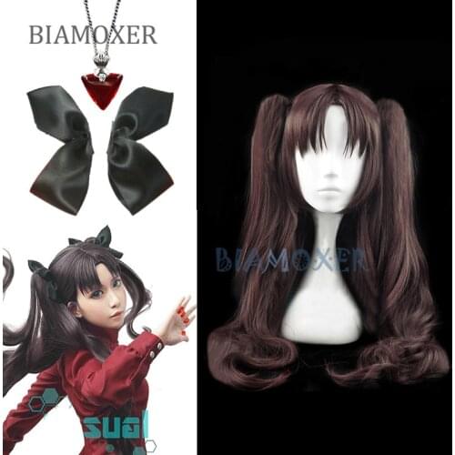 Fate/Stay Night Rin Tohsaka Brown Ponytail 80cm Long Wavy Heat Resistant Hair Cosplay Costume Wig + Ruby Necklace + 4 Hairpins